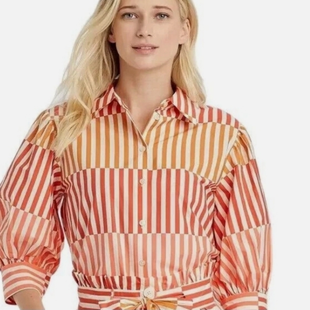 Women's Who What Wear Coastal Stripe With Puff Sleev Pristine Button-Down Blouse